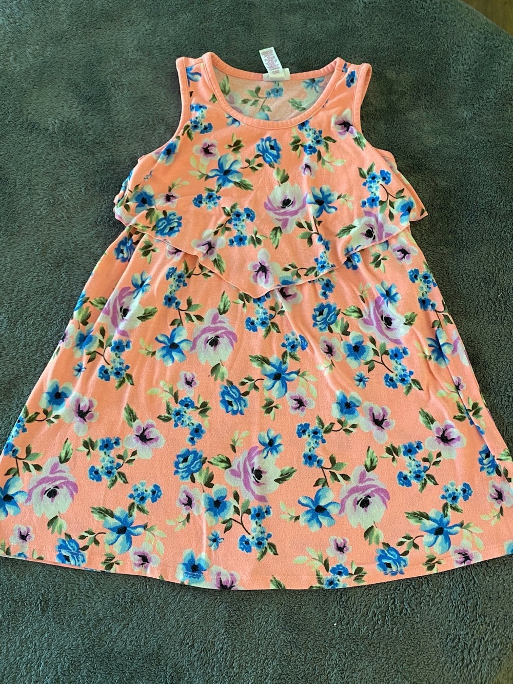 Justice Peach Floral Ruffle Tank Dress with Blue & Purple Blooms